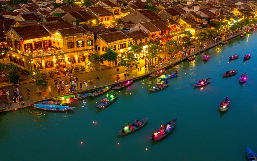 Tourist boats park along the Hoai river